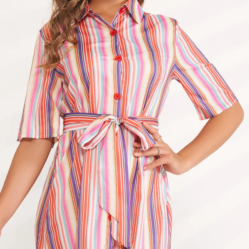 

Dresses Woman Summer Women 2021 Multi-color Vertical Stripes Single-breasted Lapel Bow Belt Short Sleeve Loose Elegant Dress
