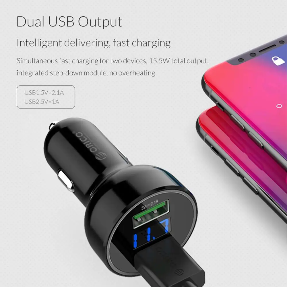 Автомобильное зарядное устройство ORICO с двумя портами USB экран дисплея мобильный