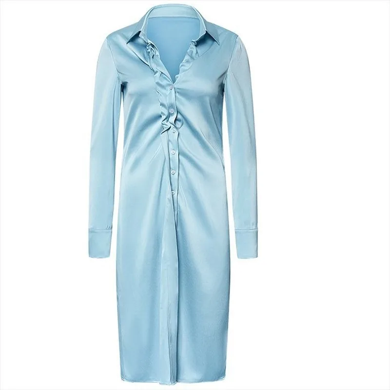 

2020 Spring Women's New Fashion Simple Women's Elegant Blue Breast Pleated Shirt Slim V-neck Dress Satin Dress Urban Leisure