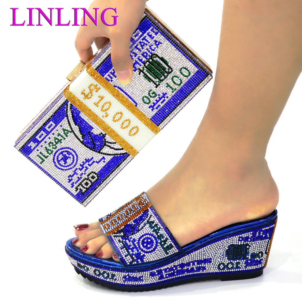 Hot Selling Italian Design New Arrival Fashion Rhinestone Style Noble Ladies Shoes and Bag Set in ROYAL Blue Color for Party