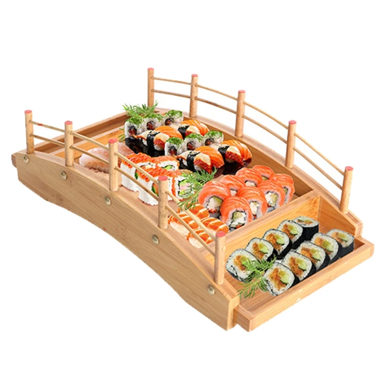 

2021 New Sushi Bridge Serving Tray Household Sushi Bamboo Serving Plates Japanese Style Boat Serving Tray for Sushi Healthy Gift