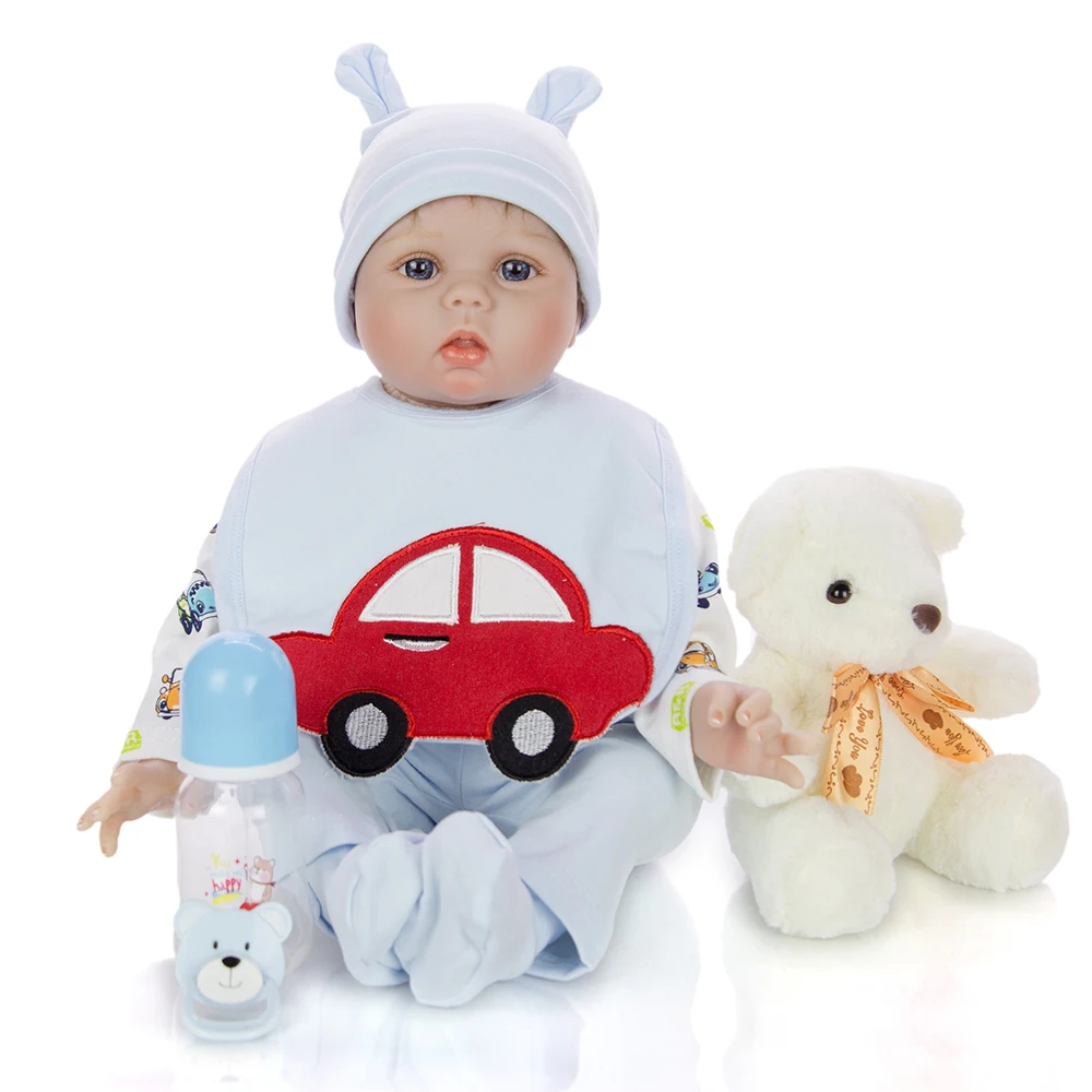 

Realistic soft cloth doll Reborn Dolls with Blue car clothes set 3/4 silicone baby doll toy boy bebe reborn for girls gift