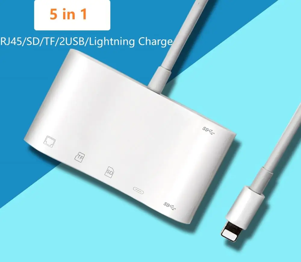 5 в 1 Lightning Hub RJ45 Ethernet Проводной адаптер для iPhone11Pro/iPad OTG TF/SD/USB камера ридер зарядка