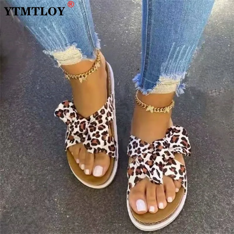 

New Summer Women Slippers Leopard Rainbow Color Lovely Bow-tie Slippers Open Round Toe Flats Beach Slides Shoes Sandal