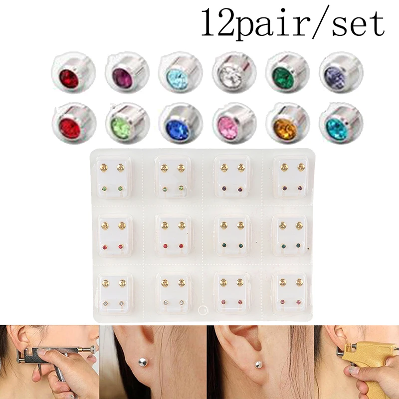 

12 Pairs Medical Earrings Piercing Tool Kits Ear Stud Surgical Steel&Man-made Crystal Ear Studs Women Jewelry Piercing Stud