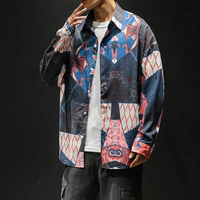 Рубашка мужская с длинным рукавом уличная одежда свободная блузка принтом