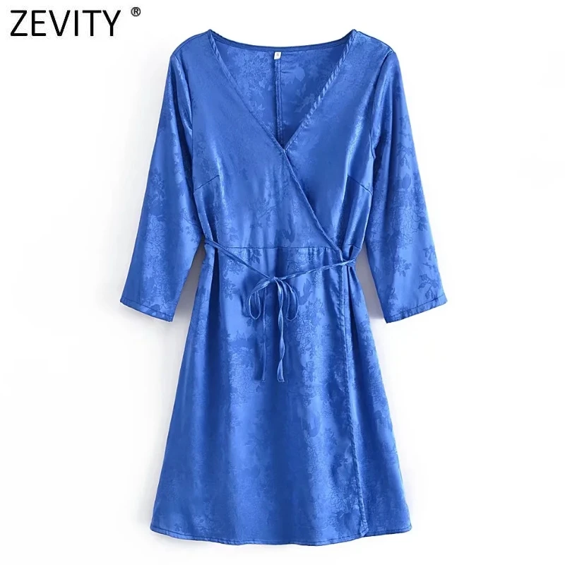 

ZEVITY Women Vintage Cross V Neck Jacquard Satin Kimono Shirt Dress Femme Chic Three Quarter Sleeve Vestidos Wrap Dresses DS9137