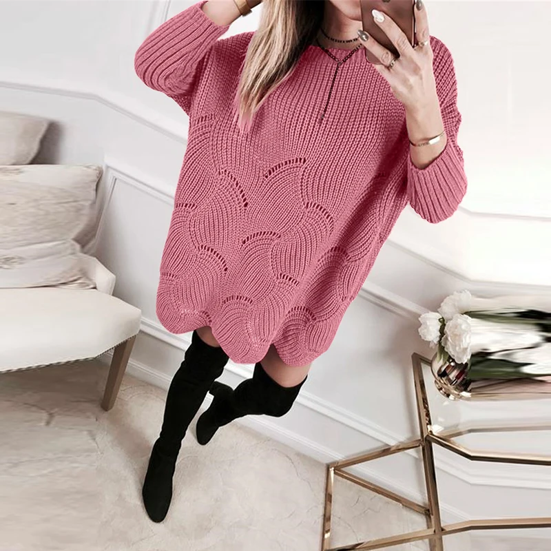 

Women Elegant Pullover Full Sleeve Solid Tops Autumn O-Neck Hollow Out Sweater Office Lady Knitted Casual Loose Femme Streetwear