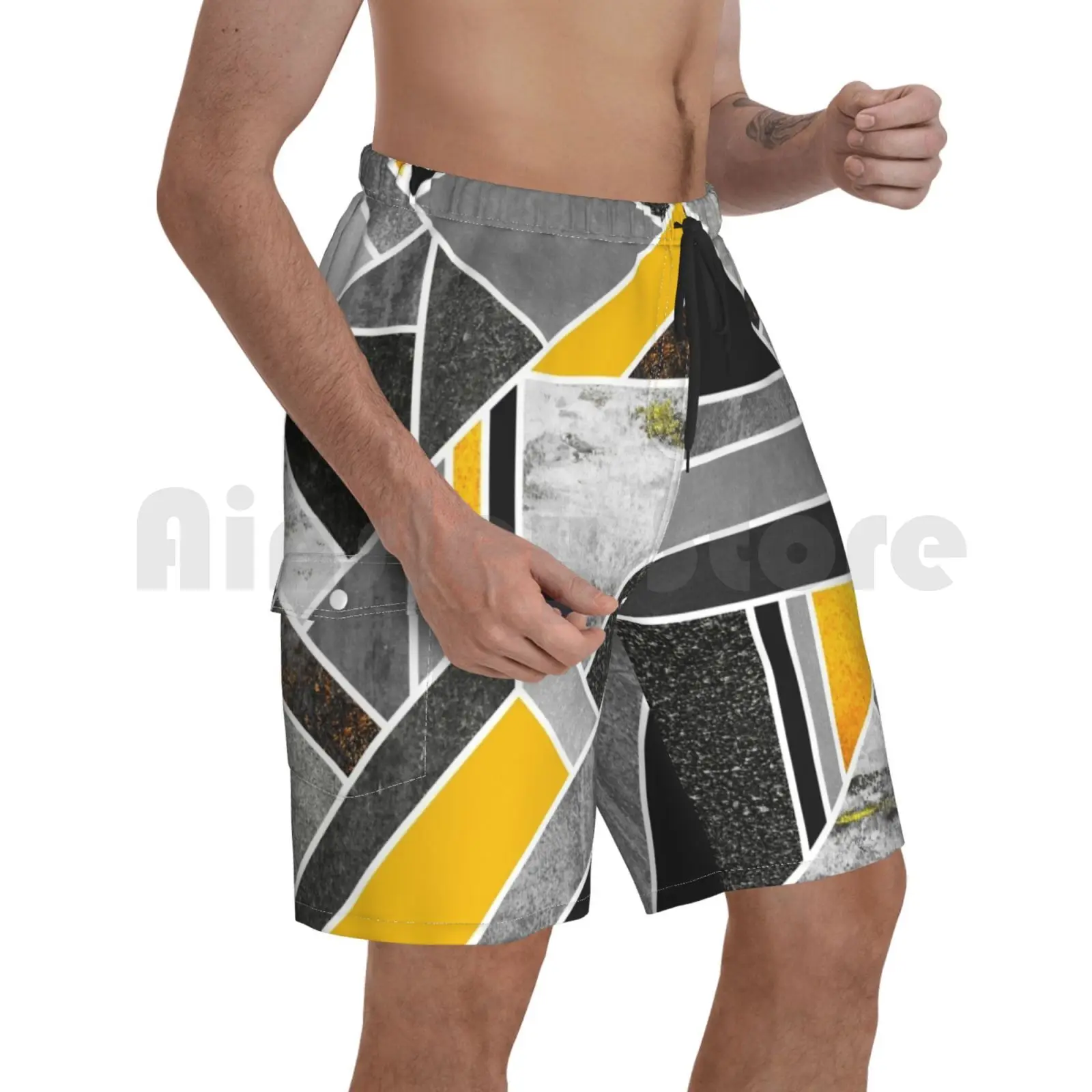 

Beach Shorts Big City Life Graphic Pattern Abstract Lines Mosaic Black Yellow Geometric