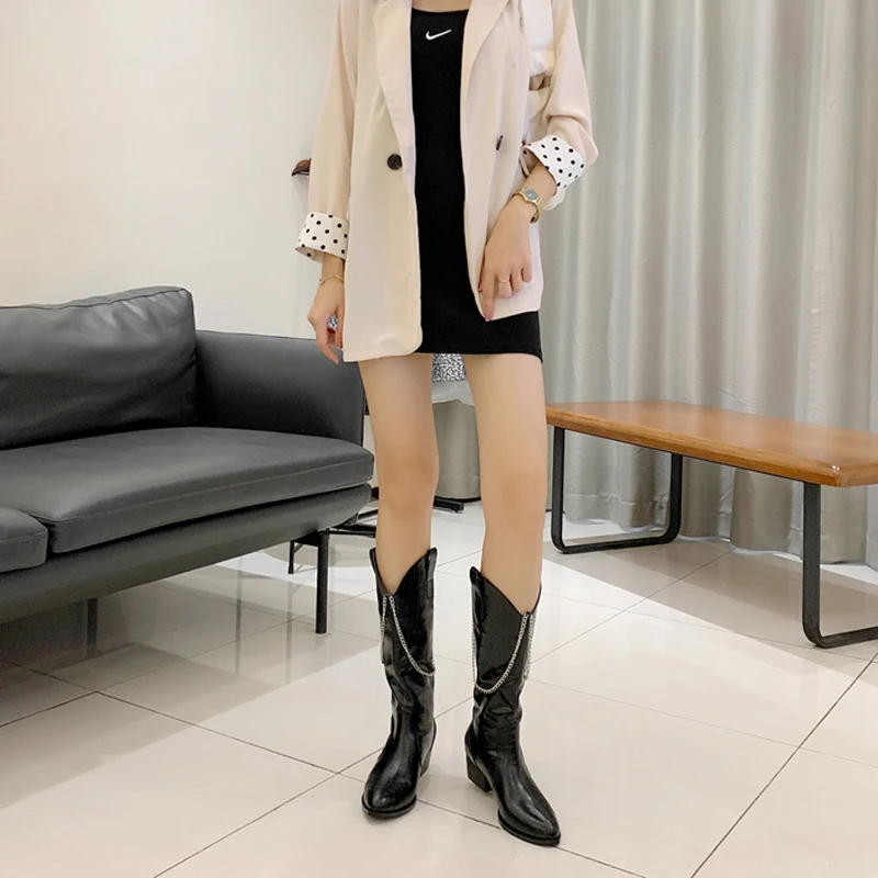 

New Boots Women Loose Mid Calf Female Booties Pointed Toe Chain Ladies Thick Heel Boots Causal Winter Autumn Woman Short Shoes