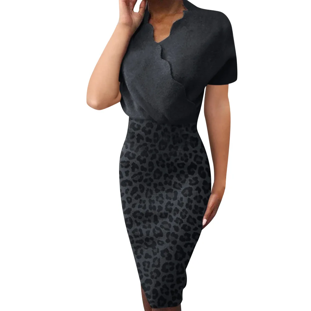 

Causla Fashion Dress V-Neck Patchwork Leopard Print Short Sleeves & Knee-Length Slim Ladies Package Buttocks Clothes