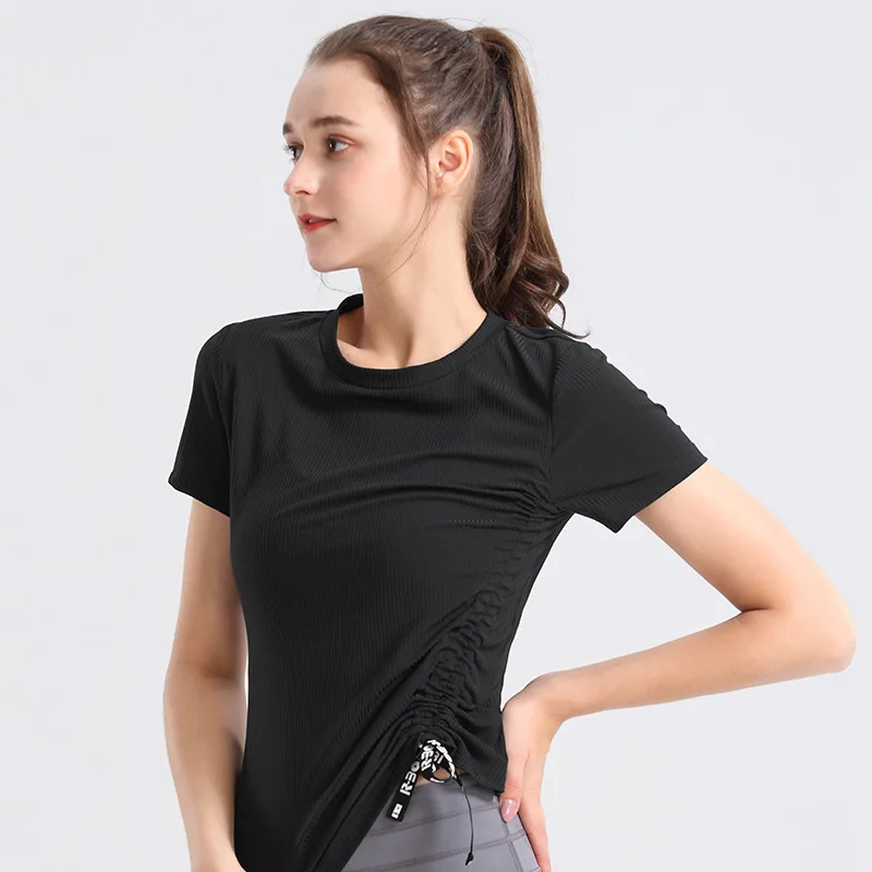 

Summer yoga clothes women's casual slimming yoga short-sleeved quick-drying wholesale T-shirts running sports fitness tops Black