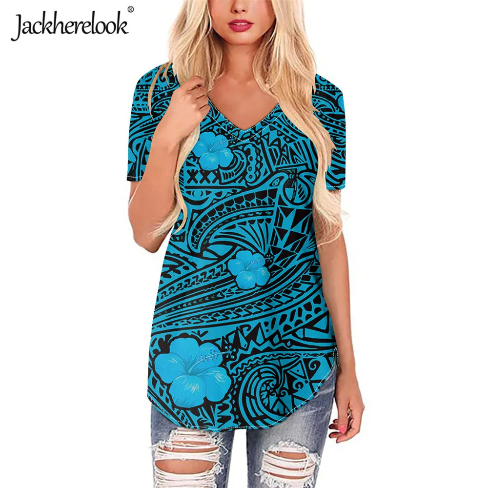 

Jackherelook Women V-neck Blouse Polynesian Tattoo Floral Leisure Female Shirts Short Sleeve Clothes Women Tops Loose Plus Size