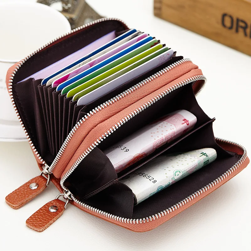 

New Style Genuine Leather Card Bag Wholesale Organ Card Holder Double Zipper Wallet Card Bit More Full-grain Leather Purse