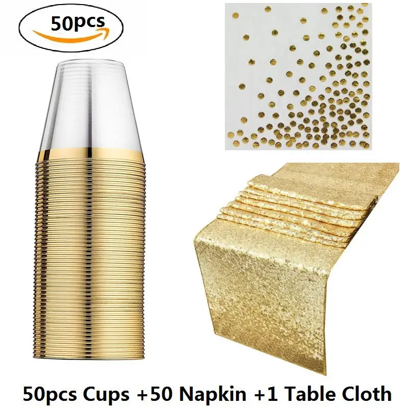 Golden Set 50pcs 50 шт., 9 унций, одноразовые салфетки, скатерть, полотенце, розовое золото, ободок, прозрачные пластиковые стаканчики, для свадьбы, дня рождения, вечеринки, вечерние украшения, набор - Цвет: Golden Set 50pcs