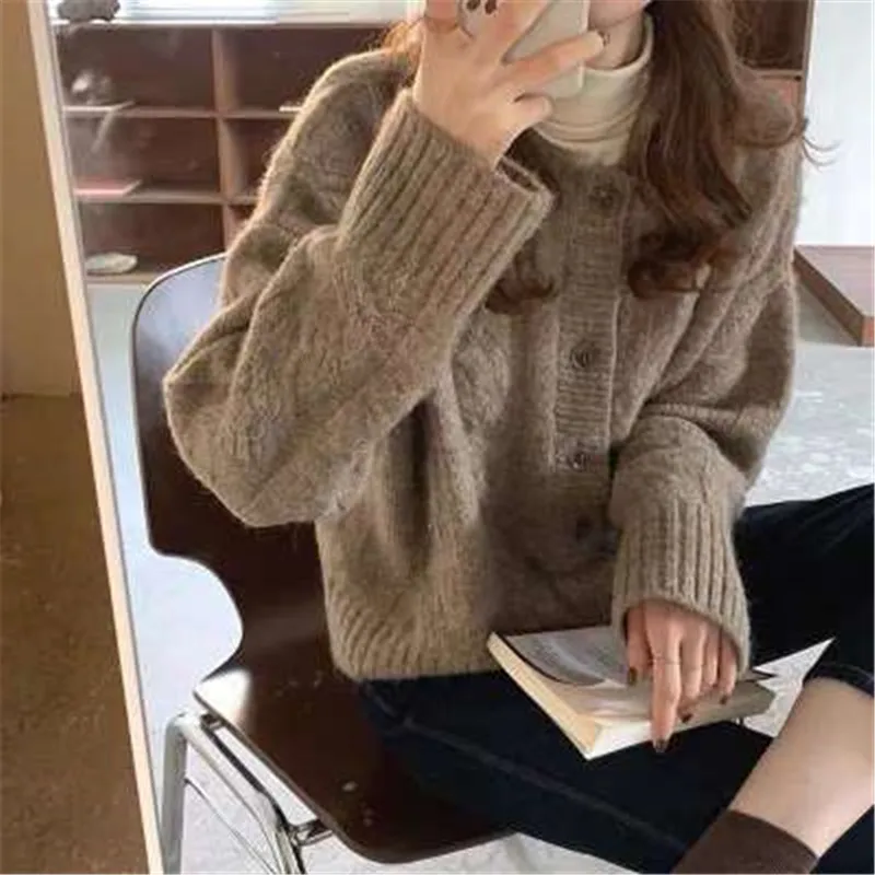 

2020 New Arrivals Coarse Twist Knitted Sweater Female Retro O-neck Single Breasetd Long-sleeved Jumper Wool Casual Lady Cardigan