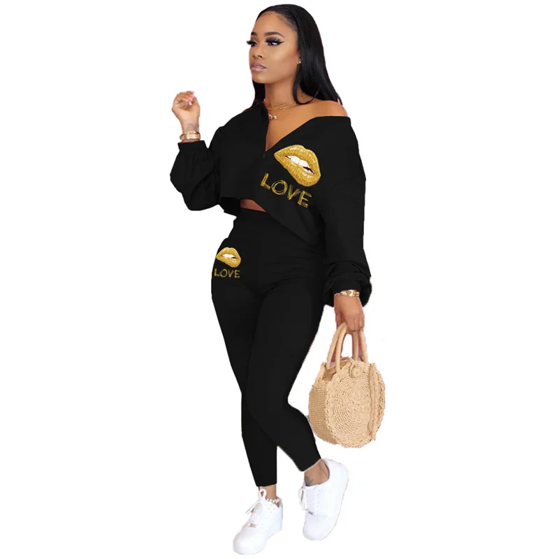 

Women Black 2 Pieces Set Long Sleeve Zipper Crop Top Fashion Letters Pattern Streetwear Outfits Pants Bodycon Casual Set Female
