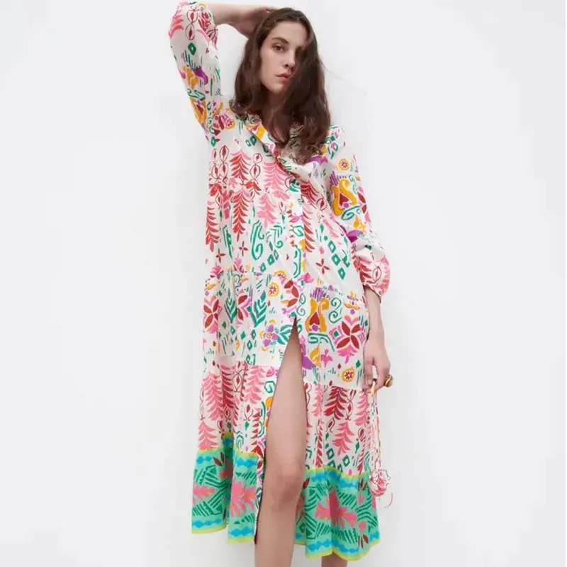 

Nlzgmsj Za, женское винтажное платье-рубашка с цветочным принтом и складками, 2021, однобортное, шикарное, трапециевидное платье миди 202107