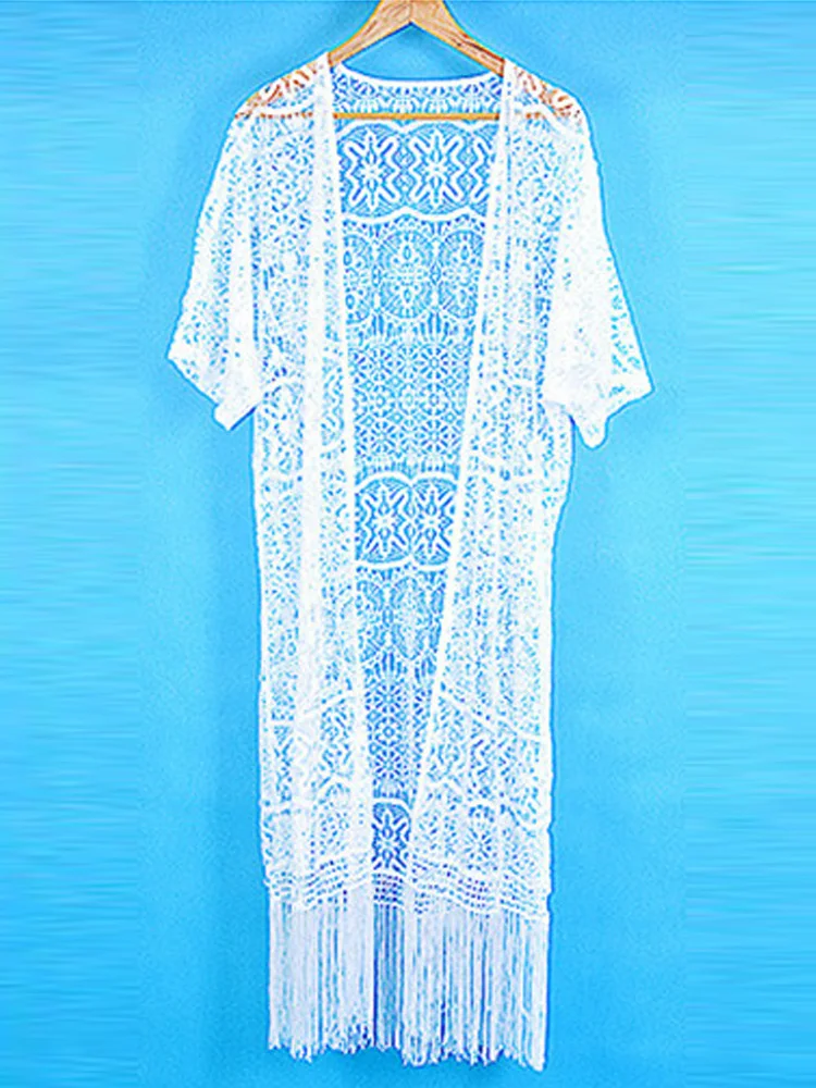 Белая кружевная накидка для пляжа 2019 г. новая с кисточками пляжная одежда бикини