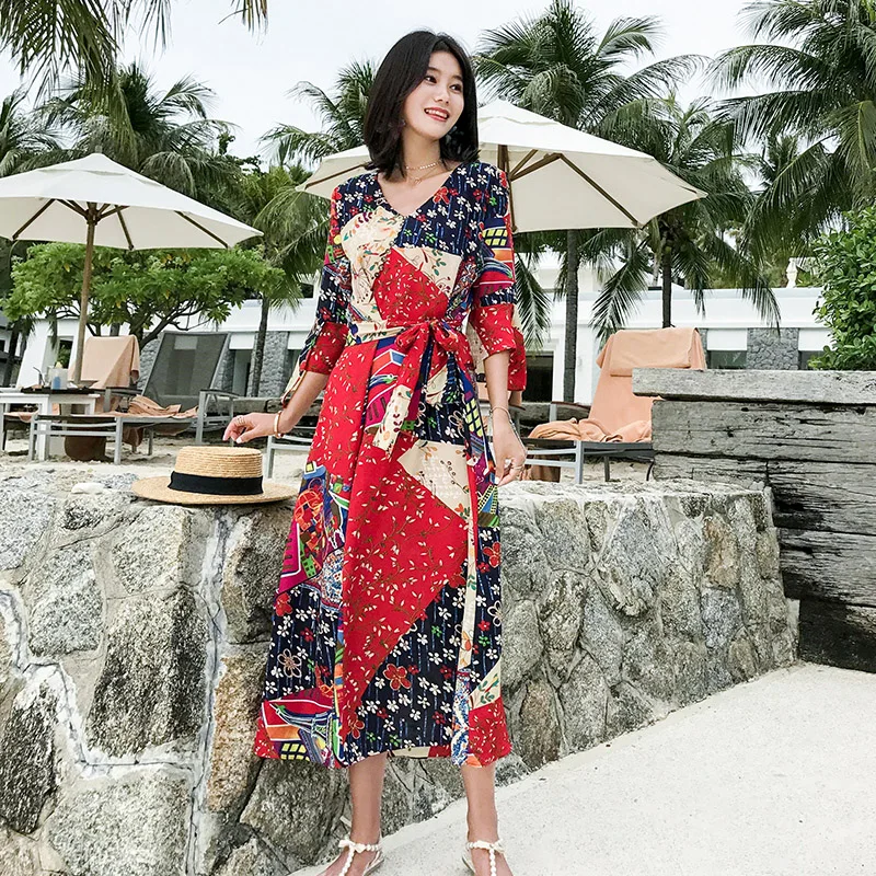 Женское летнее длинное платье тонкое с V-образным вырезом шифоновая пляжная юбка