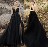 black gothic wedding dresses 2021 high split illusion bakc lace appliques sexy bridal gowns vestido de novia robe mariee