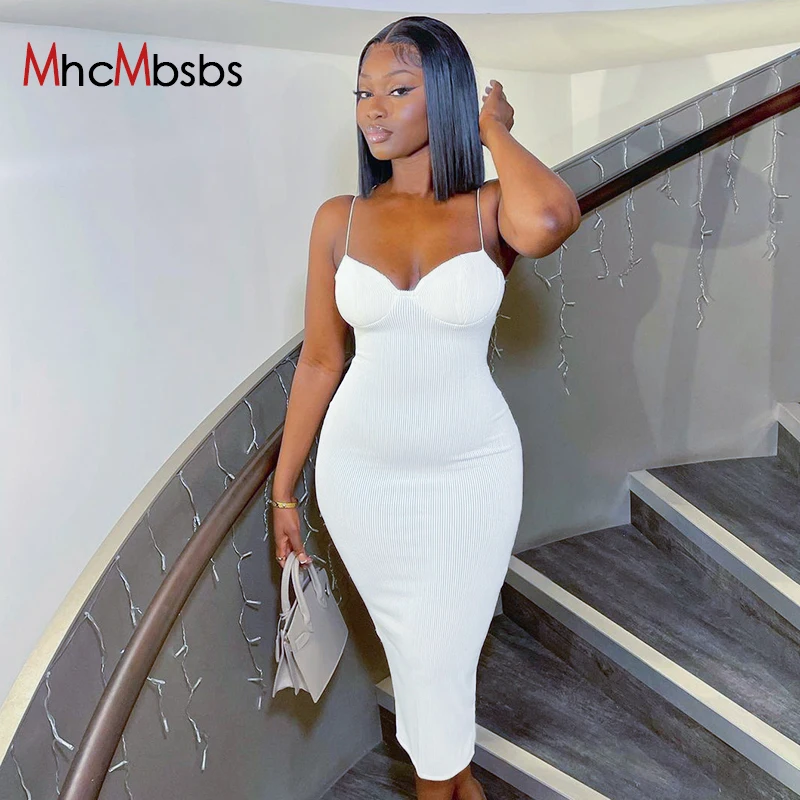 

Sexy Spaghetti Strap Low Cut Backless Bodycon Midi Dress Women Ribbed Solid Color Casual Dresses 2022 Spring Fall Harajuku