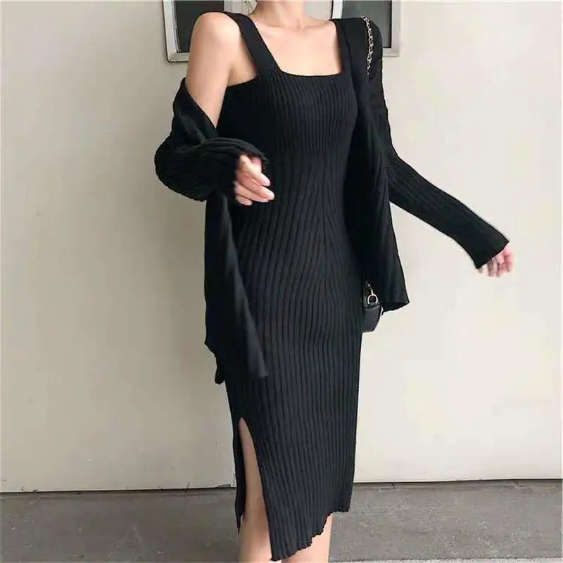 

New 2020 Autumn Winter Women Cardigan Straps Dress Casual Two Piece Suit Female Elegant Long Sleeve Knit Sweater Dress Sets N281