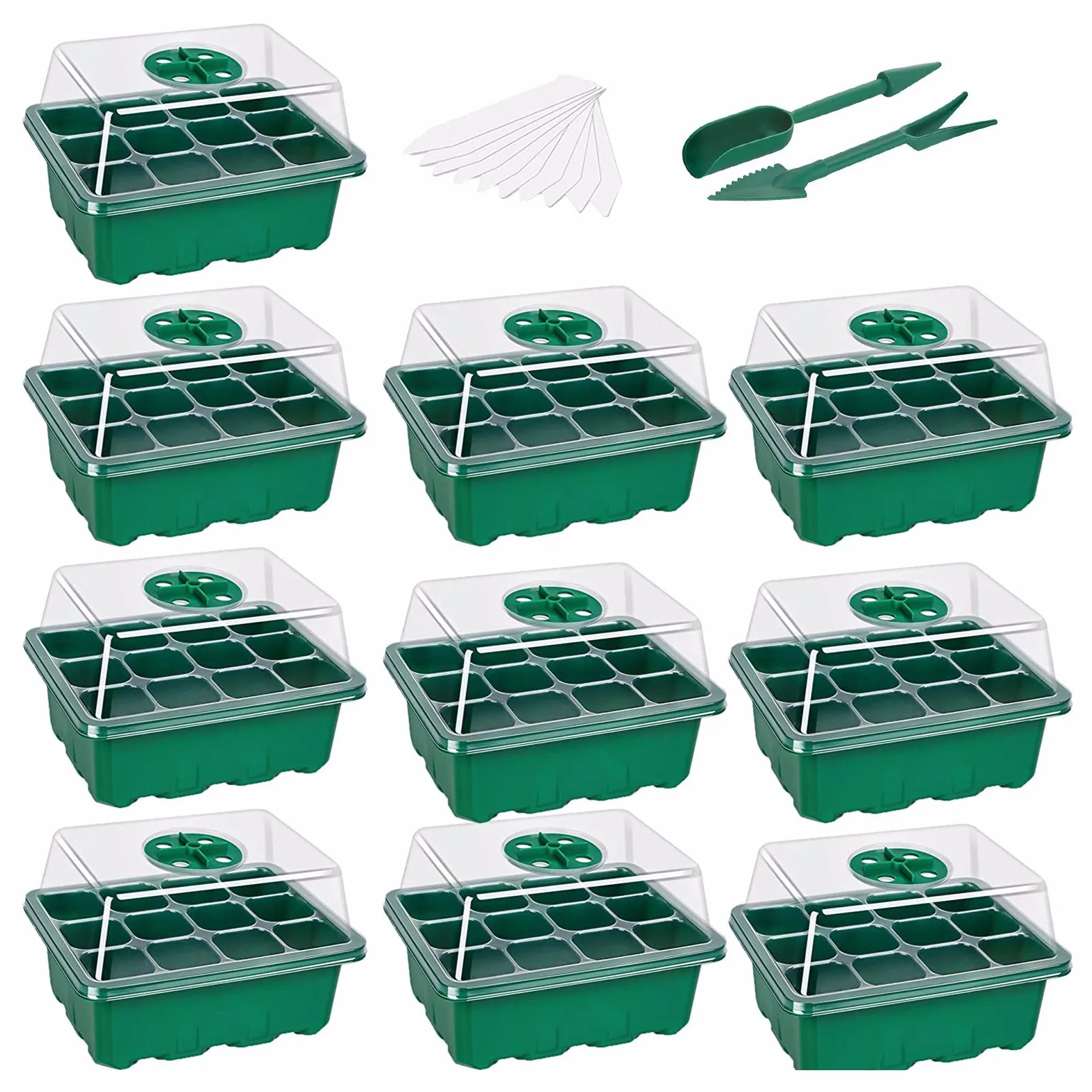 

10-pack Seed Starter Trays Nursery Pots Seedling Tray Humidity Adjustable Switch Garden Decor Accessories 12 Cells Per Tray 2021