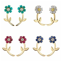 high quality 925 sterling silver ear needle color flower stud earrings whiterose redblue zircon gold earrings fashion jewelry