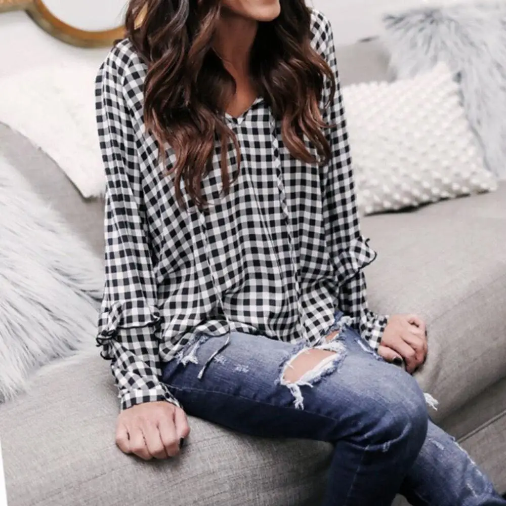 Женская рубашка модная блузка с V образным вырезом длинными рукавами клетчатый