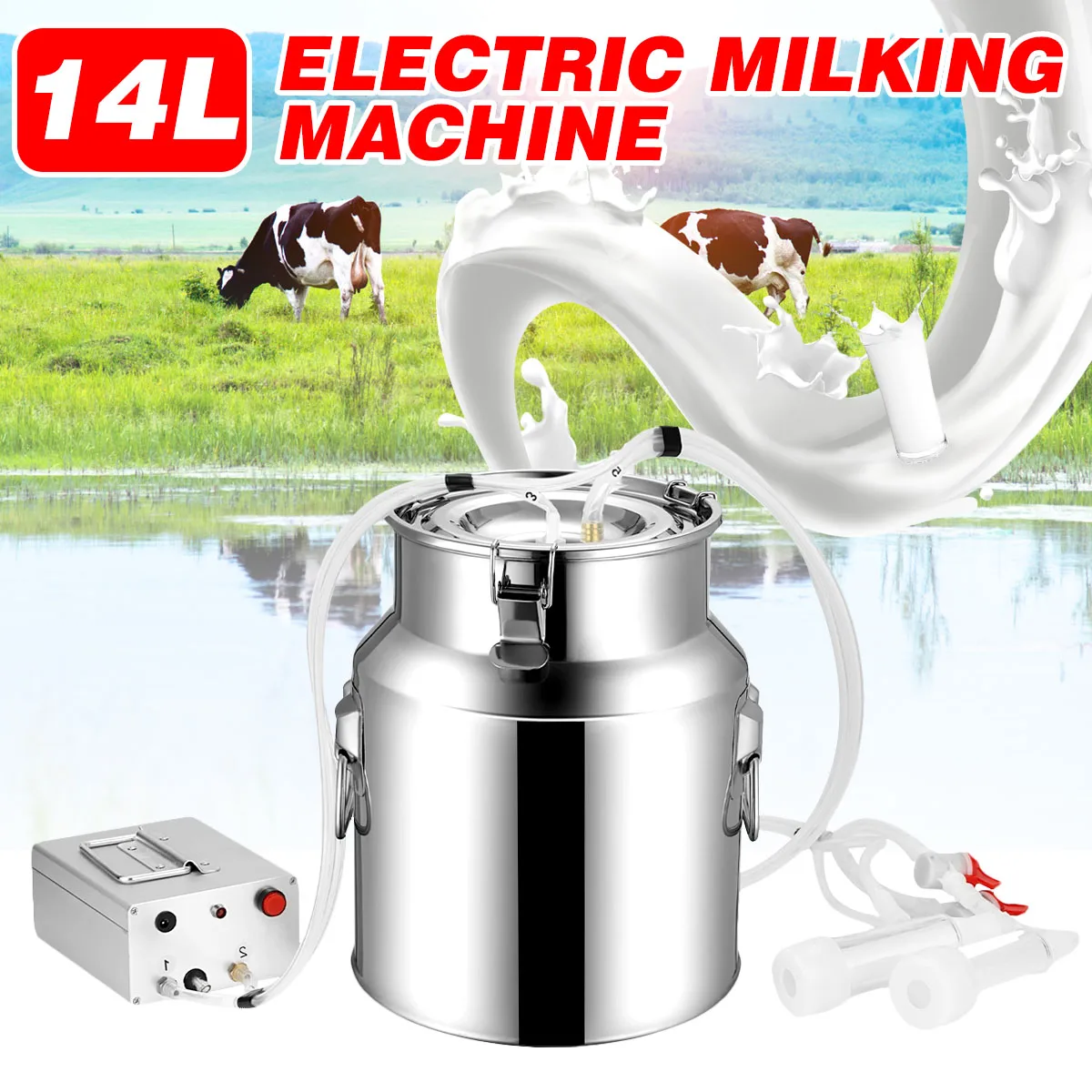 

14L Electric Milking Machine Stainless Steel Milker For Farm Cows Goats Vacuum Pump Bucket 220/110V Pasture Cow Sheep Milker