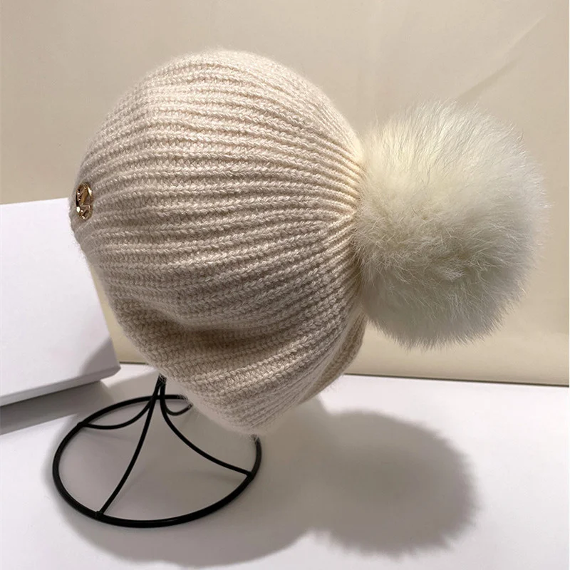 Brand Winter Warm Knitted Beanies Hats Women Real Fox Fur Pompom Hat Female Bonnet Beanie Caps
