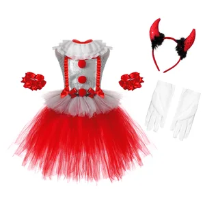 Kids Girls Sleeveless Mesh Tutu Dress With Fake Collar Gloves Arm Sleeves Hair Hoop Set For Halloween Party Dress Up Clothes