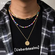 Lacteo Bohemian Colorful Acrylic Beads Choker Necklace Punk Engraving Coin Fashion Trend For Women Men Pendant Necklace Jewelry