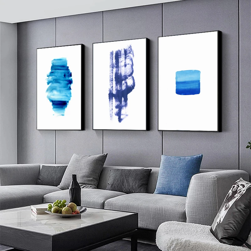 Скандинавский синий акварельный постер на холсте с кисточками современная