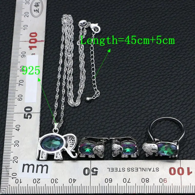 Elephant 925 Silver Jewelry Sets Mystic Rainbow Cubic Zirconia White Crystal Stud Earrings/Pendant/Necklace/Ring Set | Украшения и