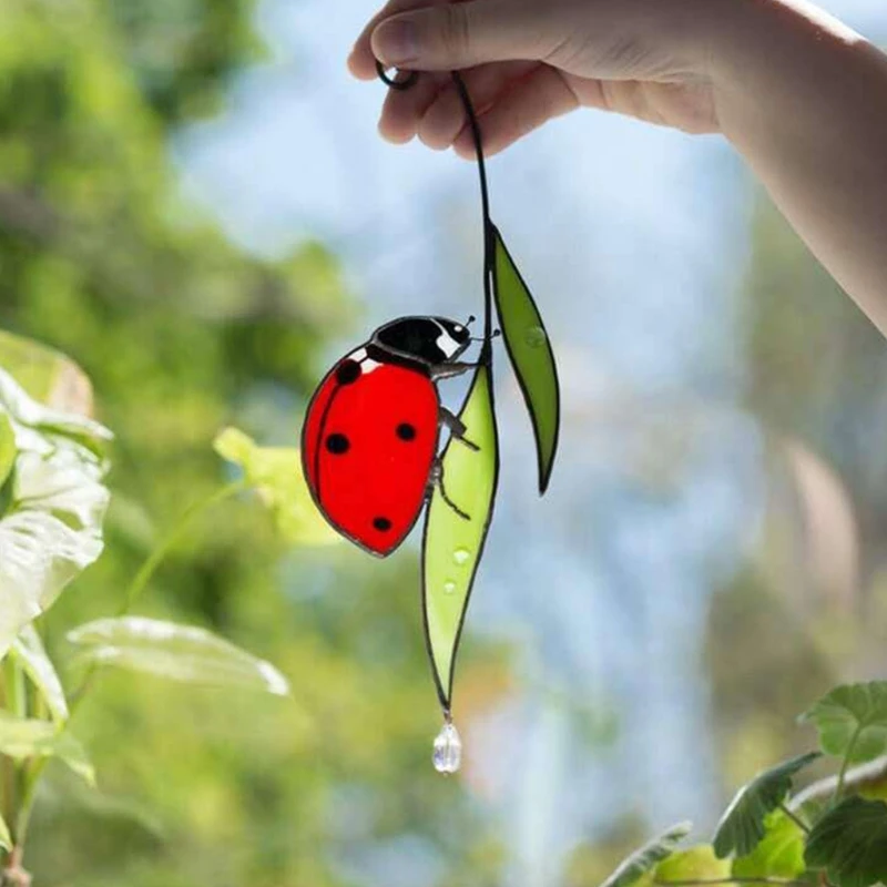 

53CA Ladybug Suncatcher Stained Glass Window Wall Door Hangings Family Office Car Decoration for Garden Ornament