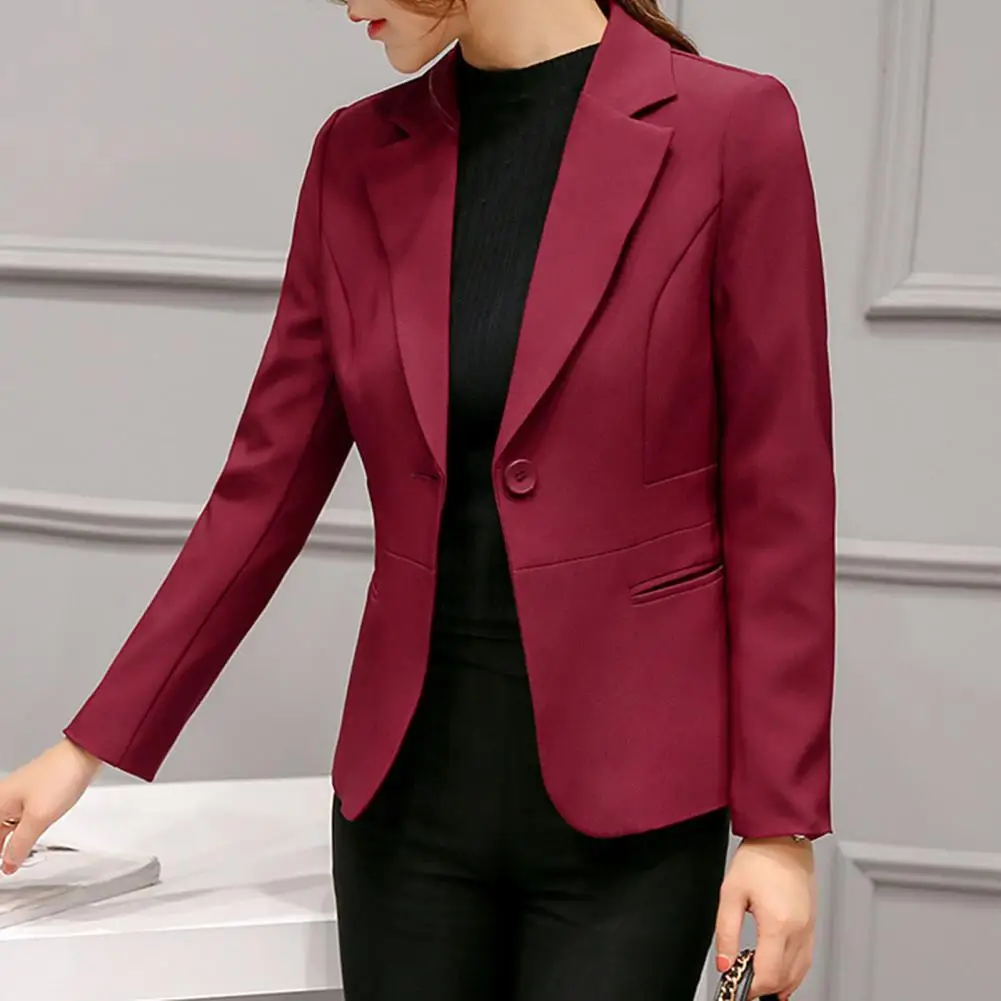 

Women Blazer 2021 Commuter' Jacket Solid Color One Button Autumn Turn Down Collar Pockets Office Lady Suit Coat Slim Overcoat