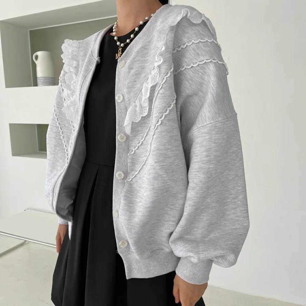 

Женский однобортный Кардиган с кружевом, однотонная толстовка с круглым вырезом и длинными рукавами, корейский стиль, 2021