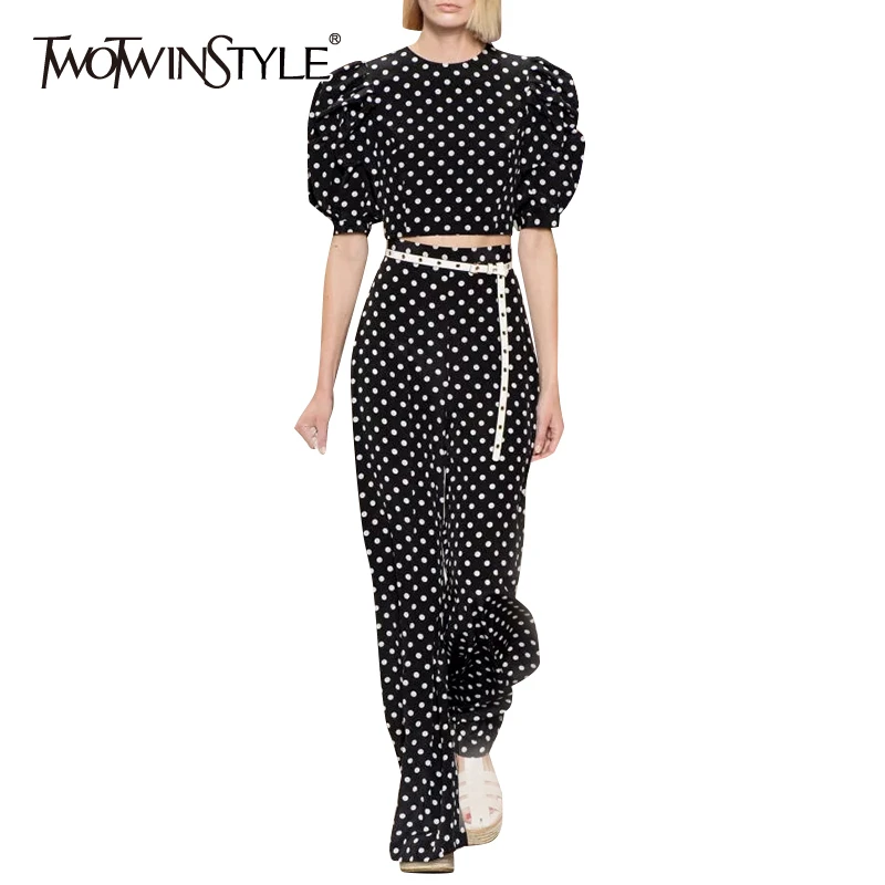 Женский винтажный костюм TWOTWINSTYLE в горошек с круглым вырезом и пышными рукавами