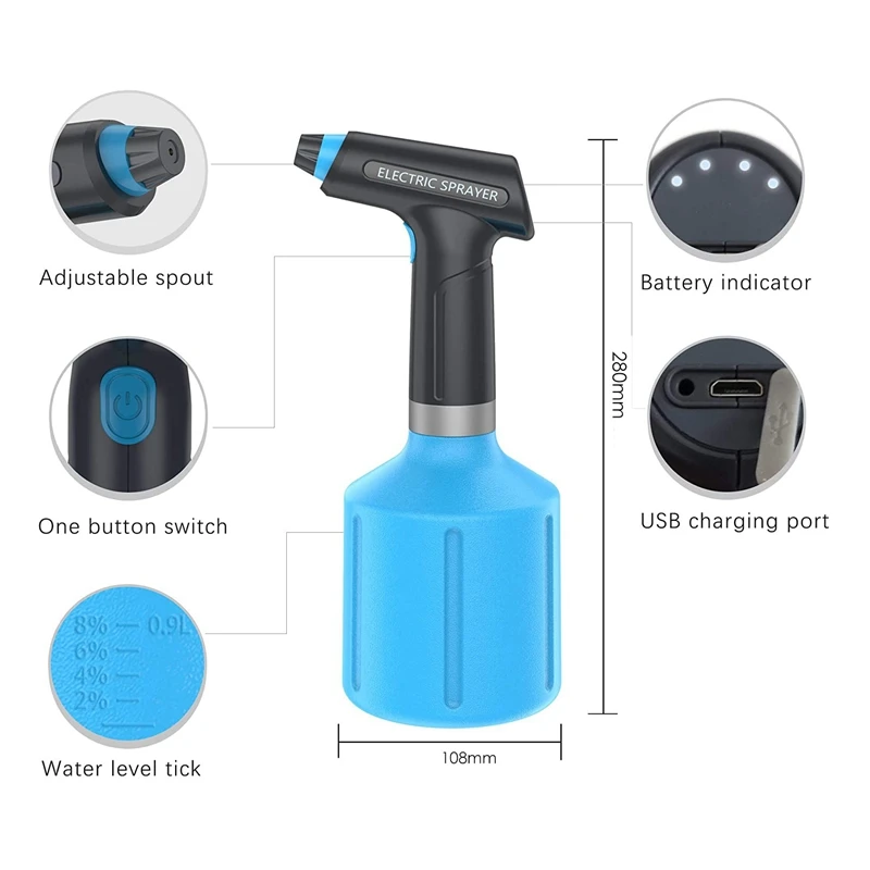 

Electric Spray Bottle,USB Watering Can with Adjustable Spout, 0.9L Garden Auto Sprayer for Plant,Garden,Home Clean