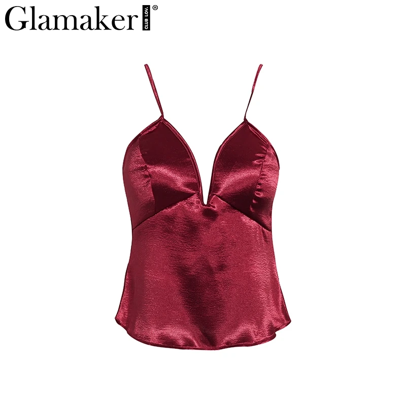 Glamaker, роскошный атласный сексуальный топ на бретелях, женская одежда, для пляжа, фитнеса, Летний Топ для женщин, v-образный вырез, Клубные, вечерние,, camisoles& tanks cami