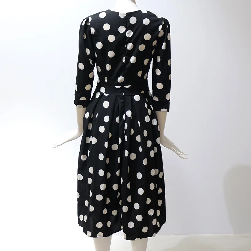 

Spring Summer Ladies Vintage 2021 New Chiffon Dress O Neck Half Sleeve Print Dot Casual High Waist Women Knee Length Dress