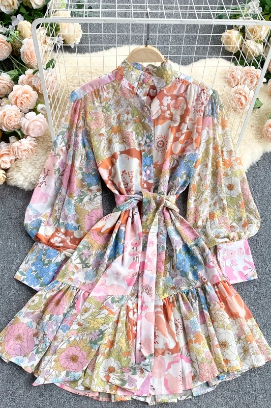 

Light luxury lady style temperament small dress chiffon skirt temperament stand-up collar stand-collar slim short printed dress