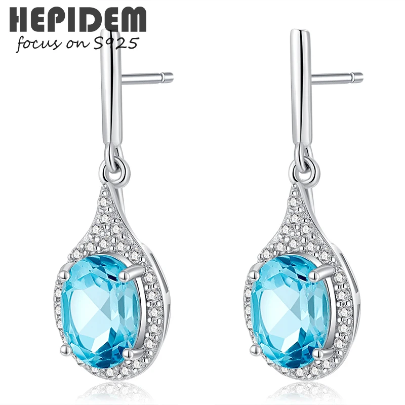 

HEPIDEM 100% Topaz 925 Sterling Silver Stud Earrings 2022 New Trend Women Blue Stone Gem Gemstones Gift S925 Fine Jewelry 5020