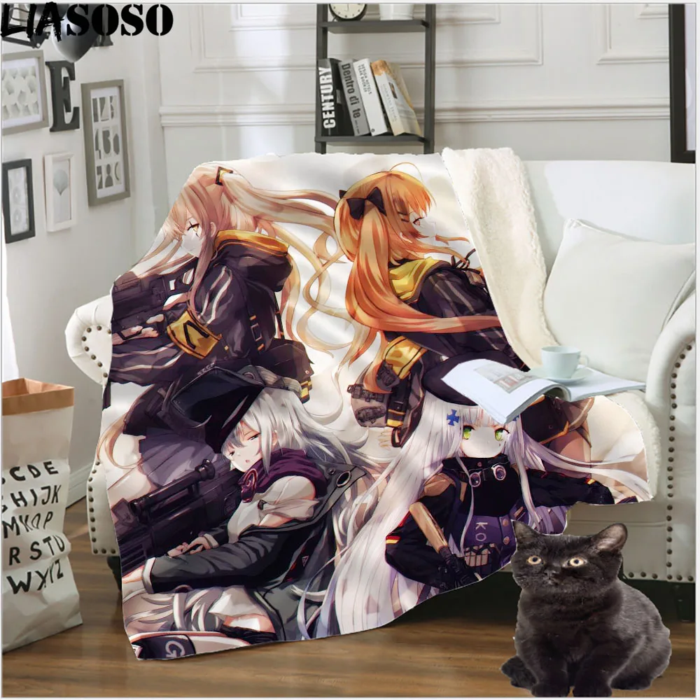 

LIASOSO Game Girls Frontline Luxury Blanket 3D Print Plaid Anime Loli HK416 UMP45 M1911 M4A1 Portable Warm Sherpa Quilt Bedding