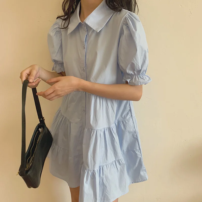 

Korean Puff Sleeve Sweet Midi Dresses Women 2021 Spring Summer Lapel Collar Short Sleeve Single Breasted Loose Dress for Female