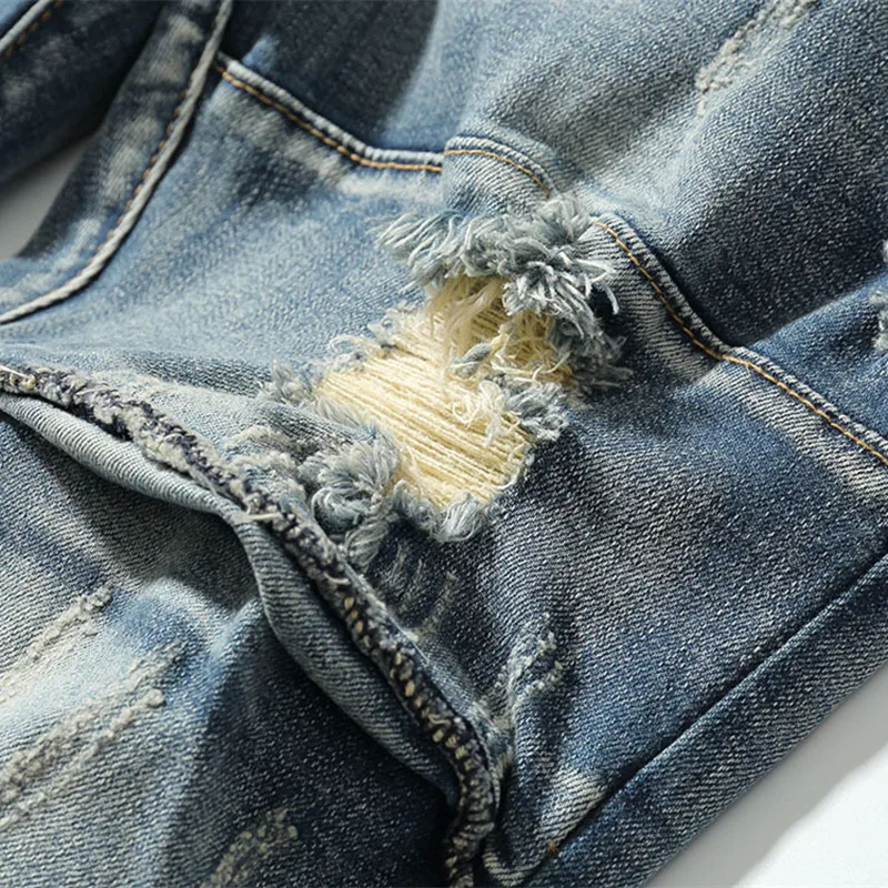2021 Vibe Style Hole Ripped Punk Men Vintage Pencil Jeans Trousers Distressed Retro Washed Slim Beggar Denim Pants Moda Hombre