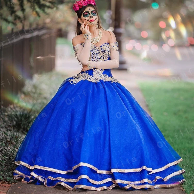

Royal Blue Sweet 15 Birthday Party Dress Applique Corset Ball Gown Prom Dress Detachable Sleeve Quinceanera Vestidos De XV Anos