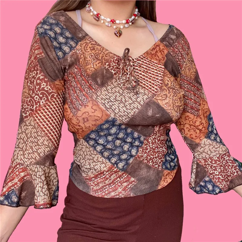 

Grunge Fairycore Retro Floral Printed Blouse Women Long Sleeve V Neck Vintage T-shirt Y2k Esthetics Casual Party Spring Fall Top